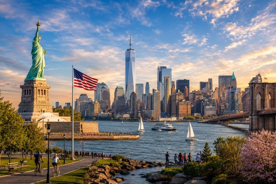 Statue of Liberty and Manhattan skyline, United States